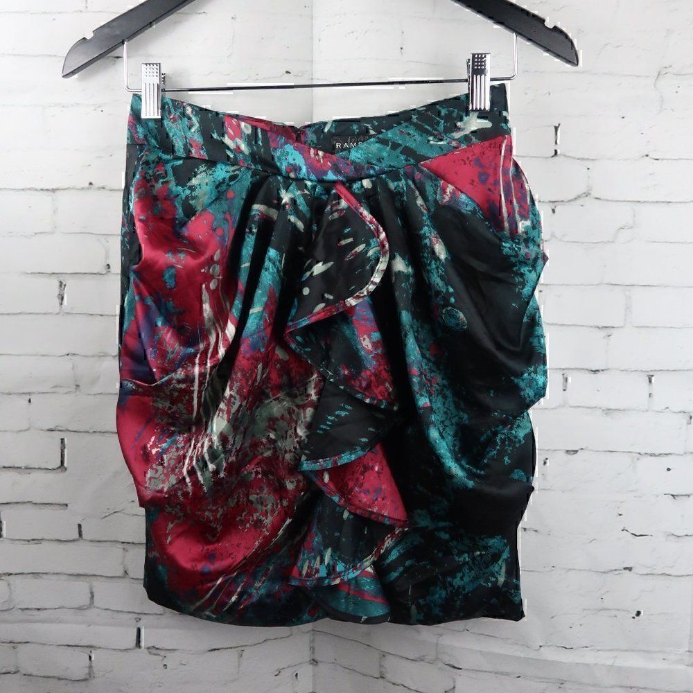 RAMPAGE BLACK PINK & TEAL CASCADING RUFFLE PAINT SPLATTER MINI SKIRT SIZE XS
